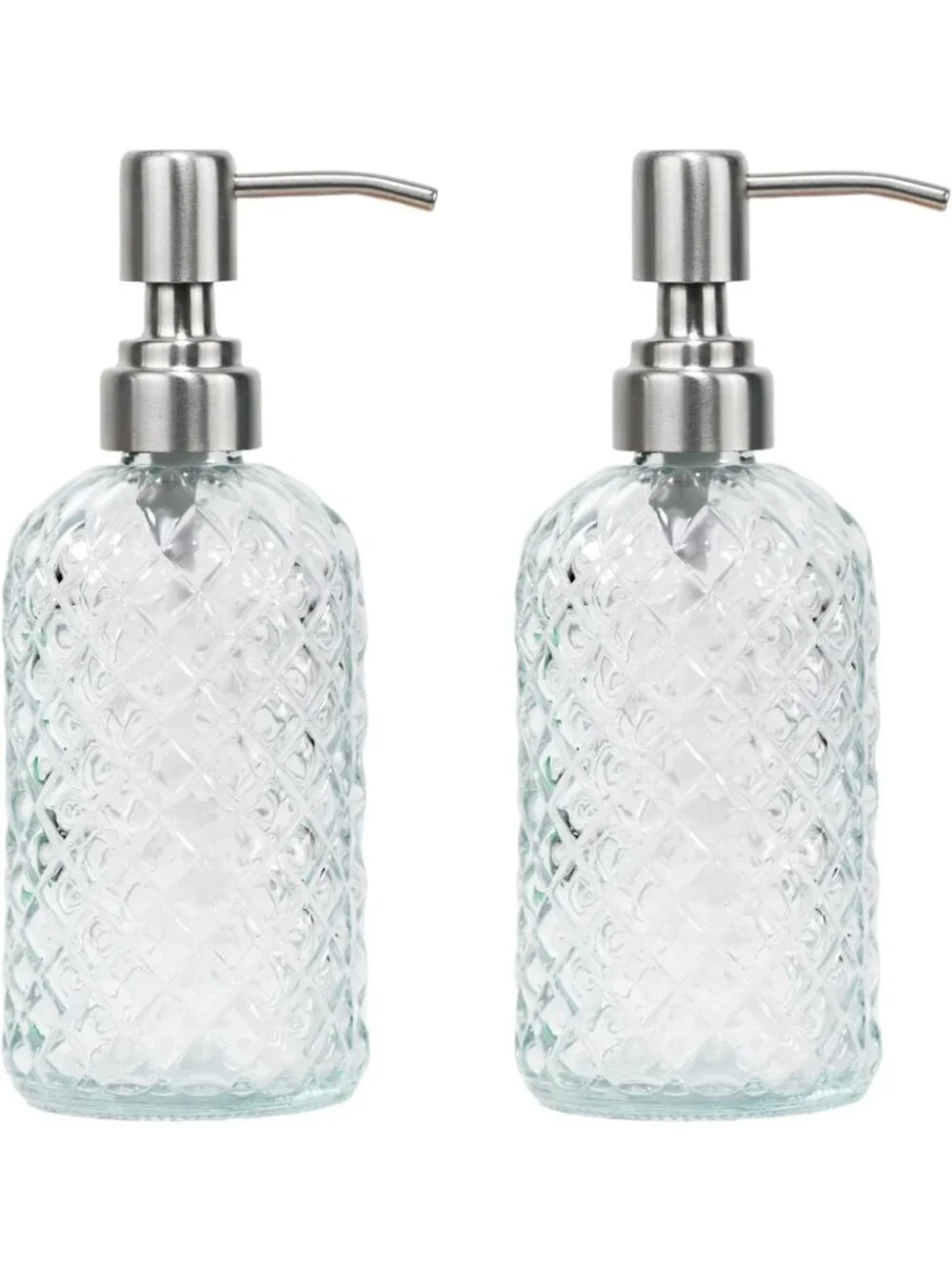 16 oz Clear Glass Soap Dispenser Set - Stylish Diamond Pattern, Rust-Resistant